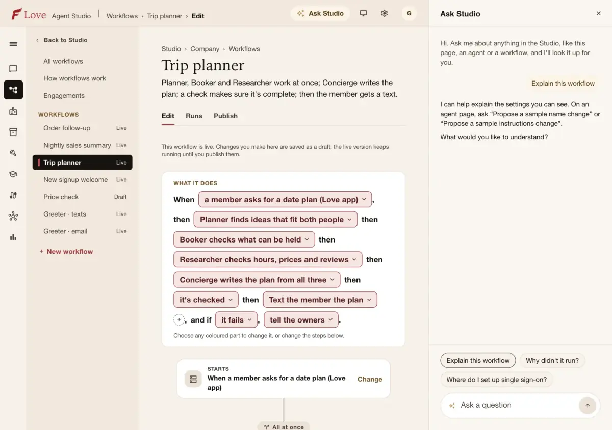 A workflow shown as a sentence of steps, with the Ask Studio panel open beside it offering to explain the workflow.