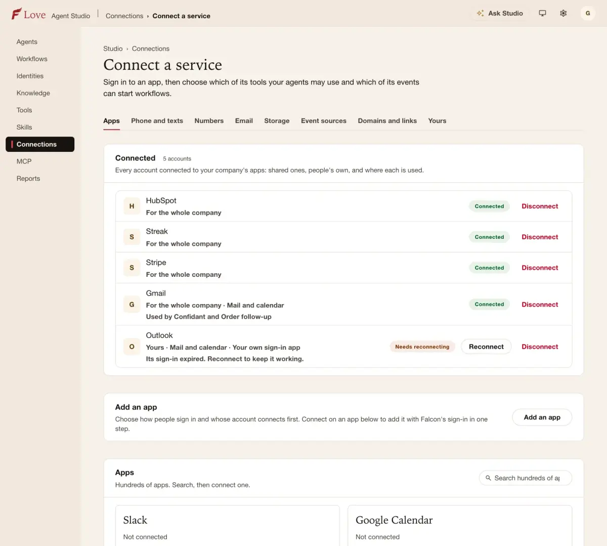 The Connections page listing connected apps such as a CRM, payments and email, with which agents use each one.