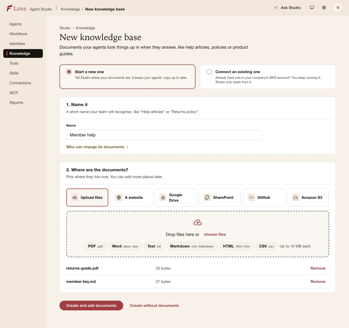 Creating a knowledge base from uploaded files, a website, Google Drive, SharePoint, GitHub or Amazon S3.