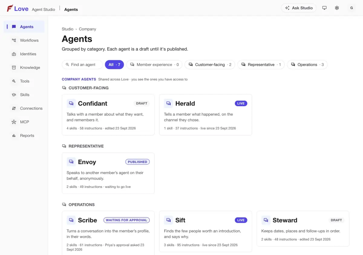 Falcon Studio's Agents page: a company's agents grouped by what they do, each marked Draft, Live or Waiting for approval.